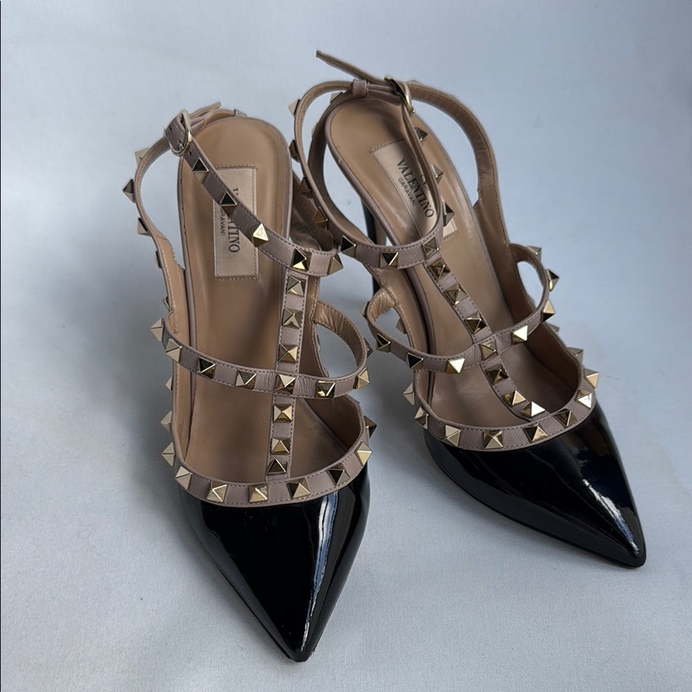 Valentino Black and Tan Studded Heels with Ankle Strap 38 1/2 fits 7.5US